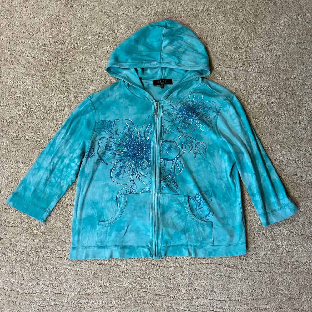 Y2K B.l.e.u Women’s PL Tie-Dye Floral Bedazzled Zip Up Hoodie Fairycore Hippie